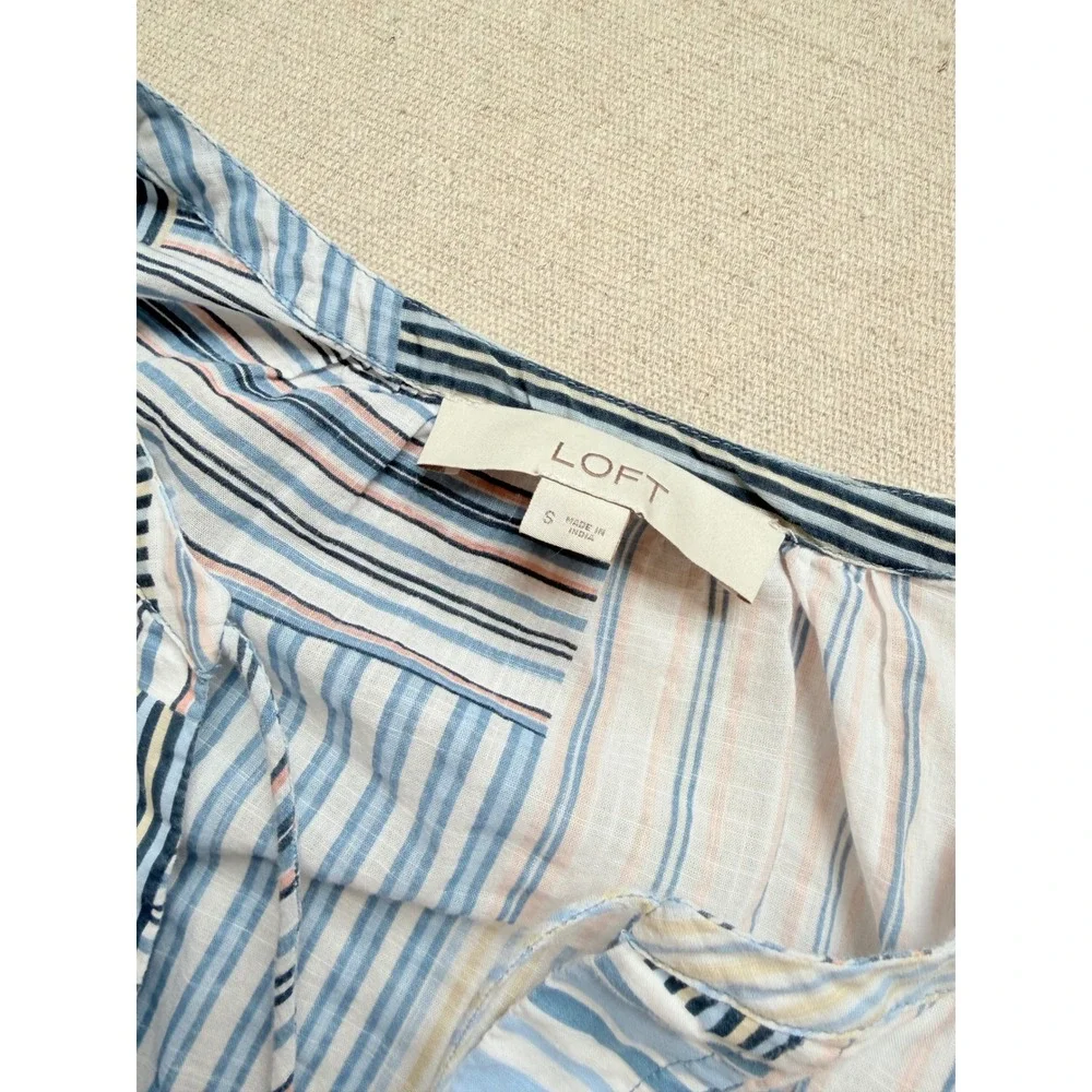 Loft Blue White Striped Patchwork Split Neck Tie Blouse Short Puff Sleeve Small